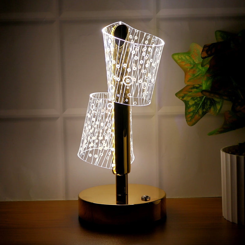 Close-up of stylish LED double shade table lamp with warm light