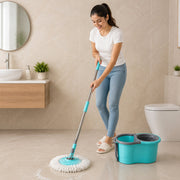 Lifestyle use of plastic spin mop set for home cleaning