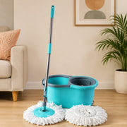 Front view of plastic spin mop set with bucket and microfiber head