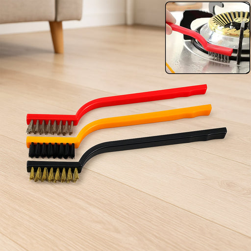 A 3-piece mini wire brush set with brass, nylon, and stainless steel bristles for tough cleaning.