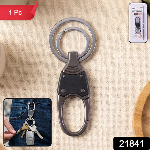 Retail packaging of dual ring metal key holder showing product design