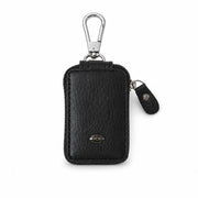 Elegant black PU leather car key case on white background.