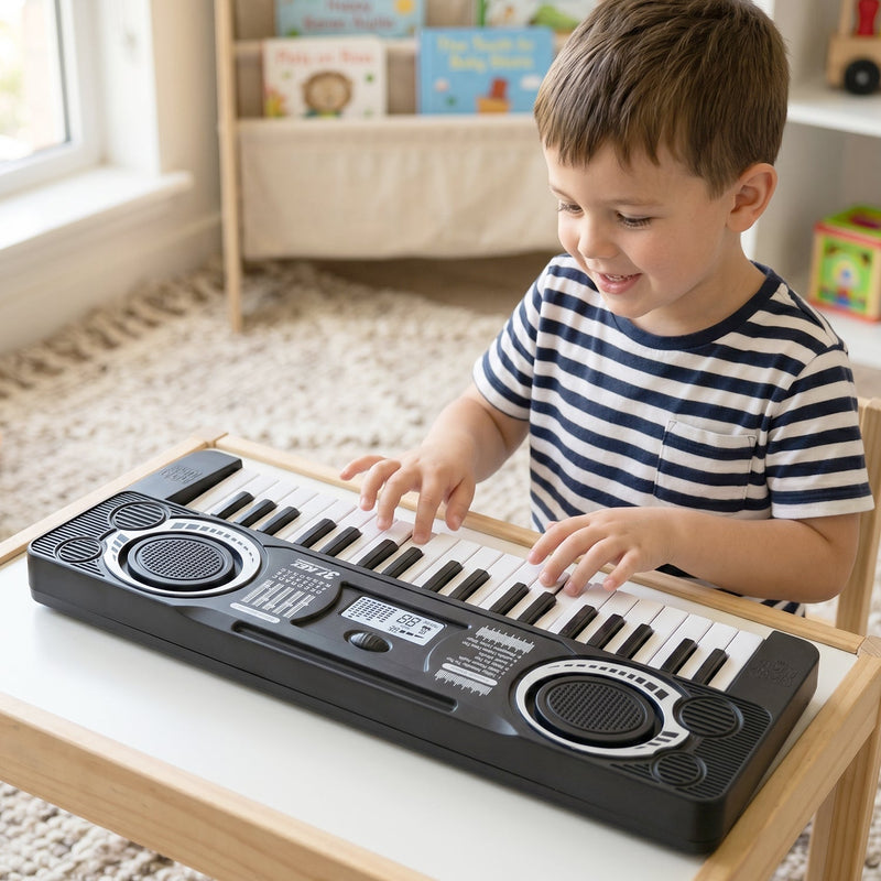 Children playing on a musical keyboard toy, developing coordination