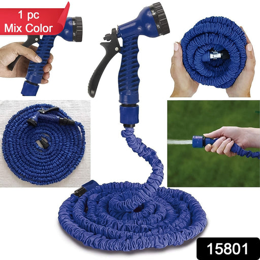 Compact expandable garden hose coiled for easy storage.