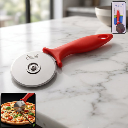 Stainless steel pizza cutter with plastic handle for effortless slicing
