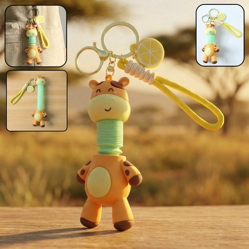 Giraffe cartoon keychain with flexible spring neck bobble feature