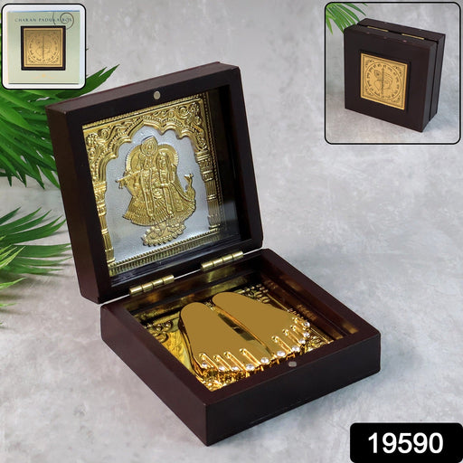 Close-up of gold-plated Charan Paduka showcasing intricate details for spiritual decor