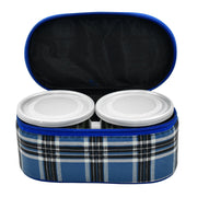 Close-up of the leak-proof plastic lids on stainless steel food containers.
