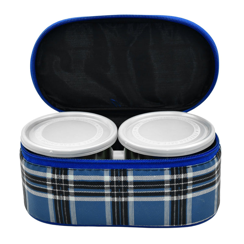 Close-up of the leak-proof plastic lids on stainless steel food containers.