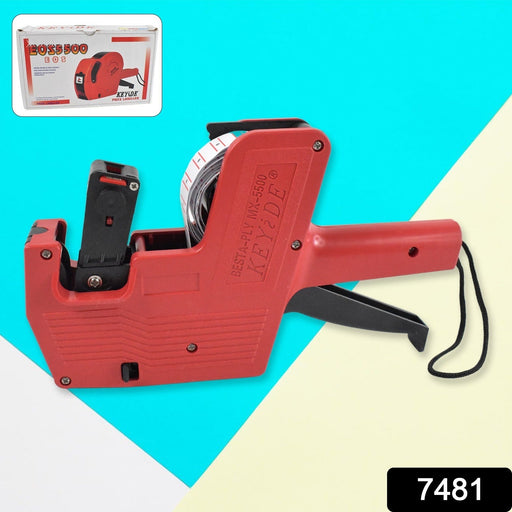 Blue and white Price Tag Gun demonstrating its 8-digit label printing capability on a roll of tags.