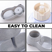 Gravity-fed pet water dispenser and food bowl combo, showing dual functionality.
