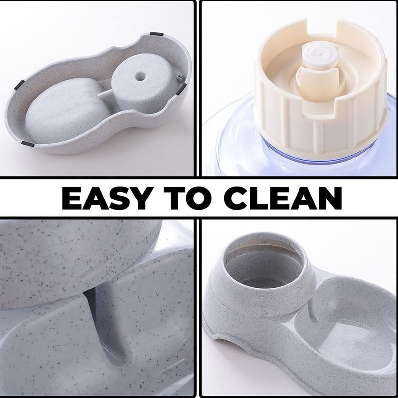 Gravity-fed pet water dispenser and food bowl combo, showing dual functionality.