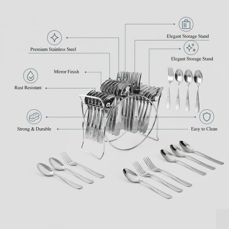 Close-up of spoons and forks from stainless steel cutlery set with mirror finish