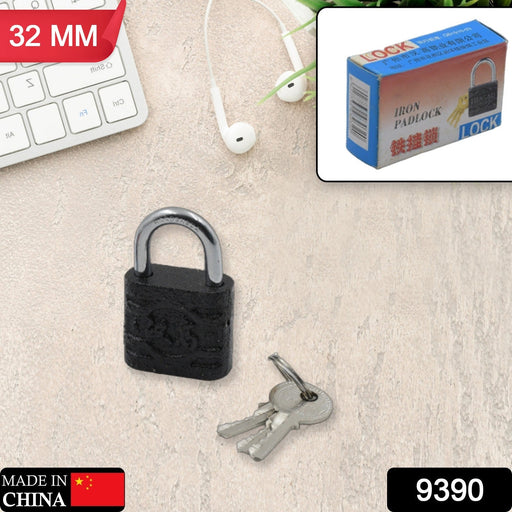 Side view of the black iron padlock, highlighting its robust shackle and construction.