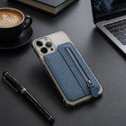 Multi-color adhesive phone card holders displayed with zipper pockets.