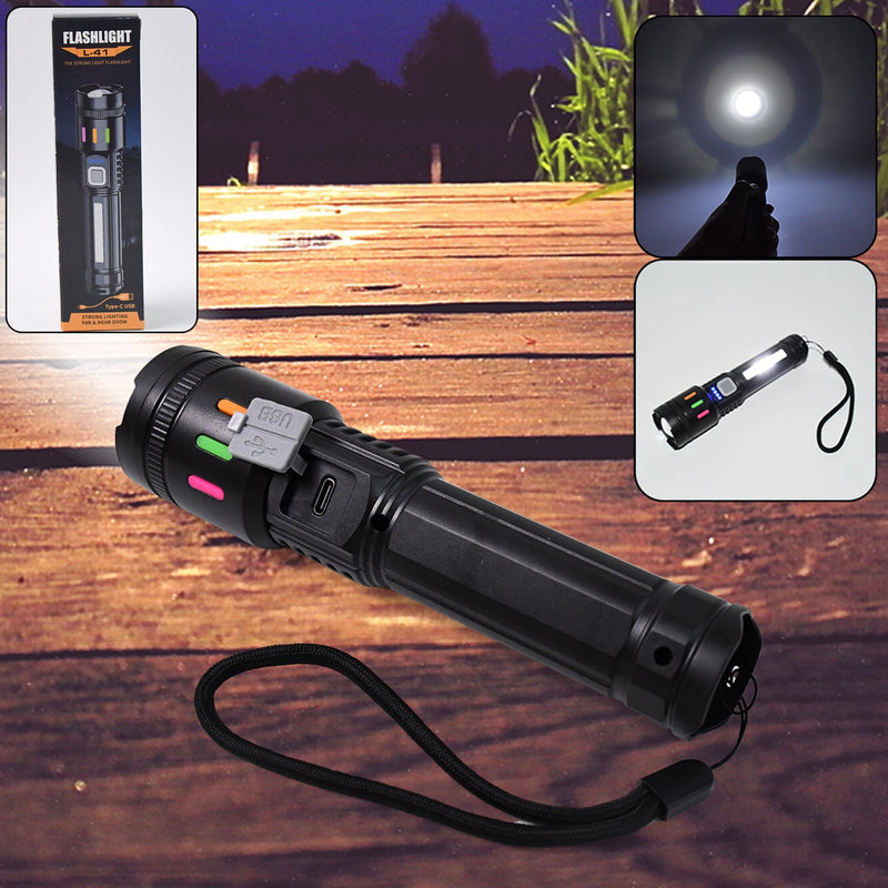 USB rechargeable LED flashlight with adjustable zoom and high brightness beam