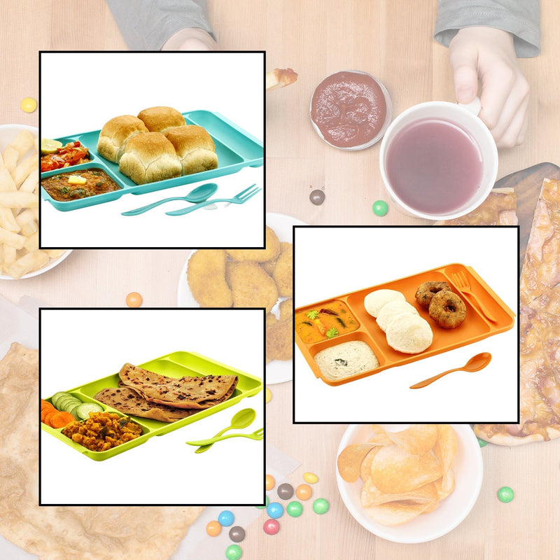 Durable 4-compartment plastic dinner plate, perfect for separating food items.