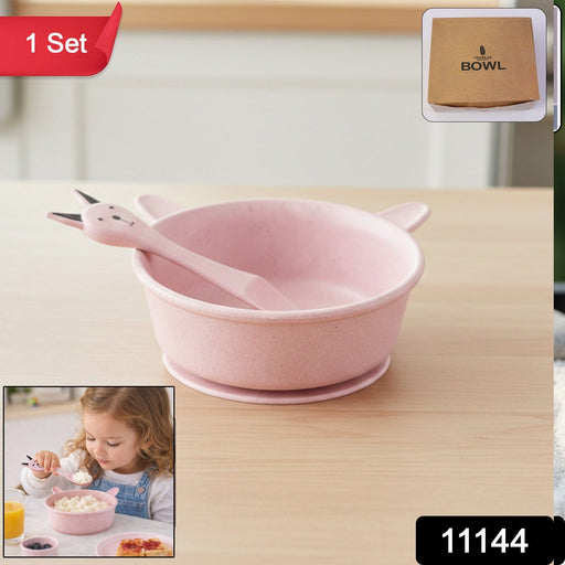 Baby feeding bowl with matching spoon featuring side handles for easy grip