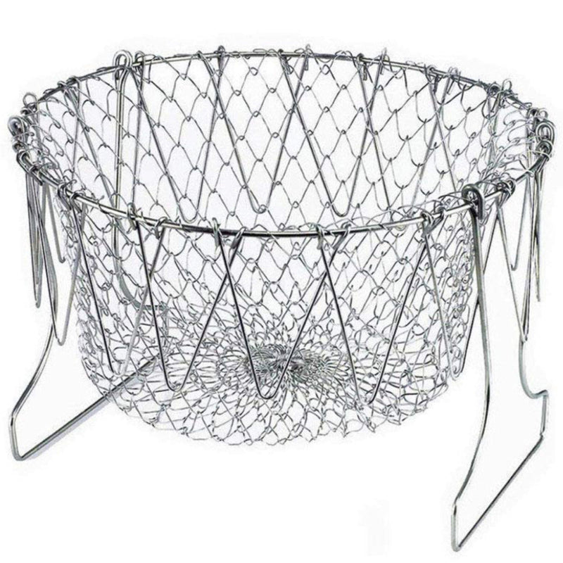 The sturdy stainless steel chef basket folded flat for convenient storage in a drawer.