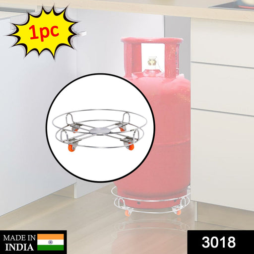 Top-down view of the durable gas cylinder trolley, highlighting its circular design and wheels.
