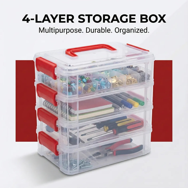 4-layer transparent plastic storage box with handle ideal for craft supplies