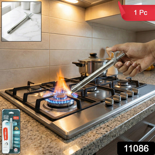 Close-up view of stainless steel gas lighter showing spark mechanism for stove ignition