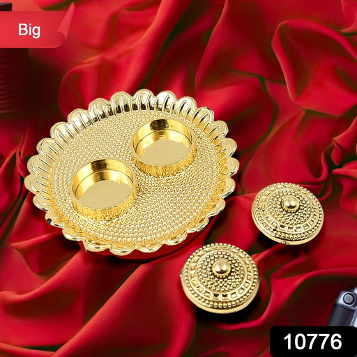 Overhead view of the round Puja Thali, showcasing its fixed Kumkum holders.