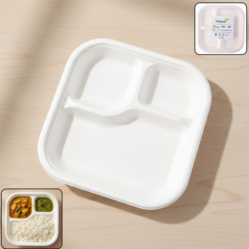 Compostable bagasse 3-compartment square meal plate showing eco-friendly disposable tableware