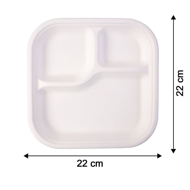 Dimension display for 22 cm by 22 cm square compostable bagasse compartment plate