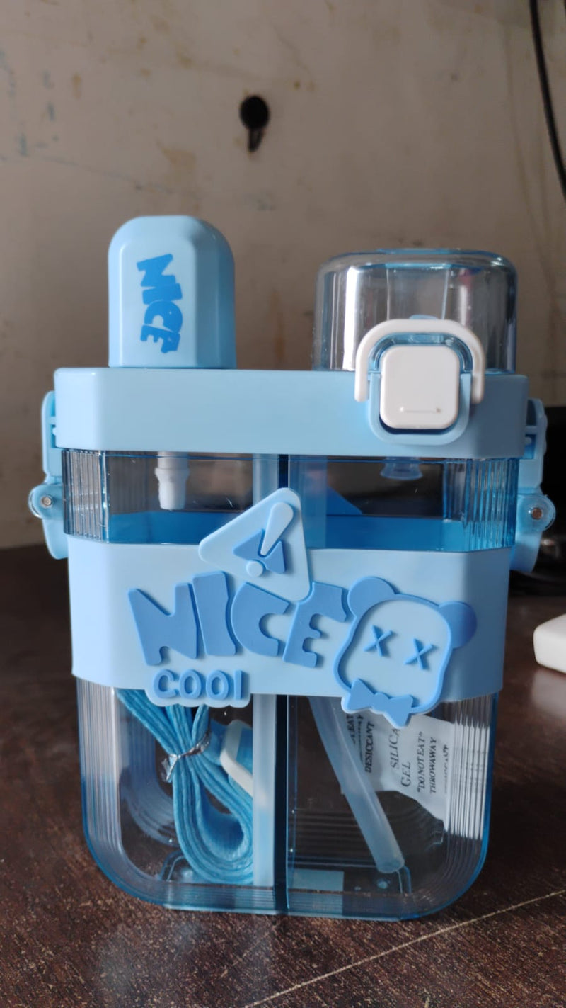 Kids water bottle with straw and shoulder strap hanging, ready for adventure.