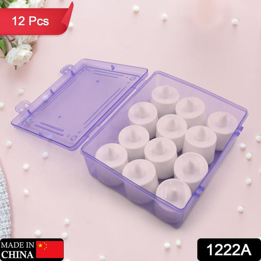 Pack of 12 battery-operated LED tealight candles, perfect for festivals.