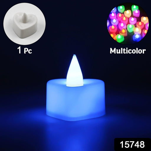 Close-up of a flameless LED tealight candle with realistic flicker effect.