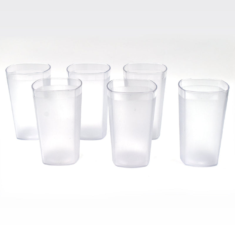 Ganesh 350ml unbreakable plastic drinking glasses, set of 6, arranged on a table.