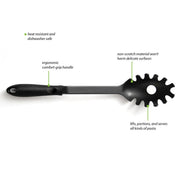 Studio shot of a black heat-resistant pasta server, highlighting its durable nylon construction.