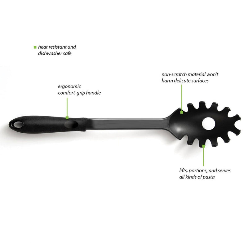 Studio shot of a black heat-resistant pasta server, highlighting its durable nylon construction.