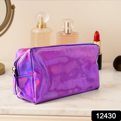 Stylish holographic shiny waterproof makeup pouch with zipper closure