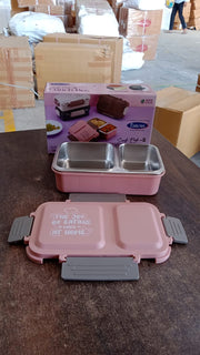 Empty BPA-Free lunch box standing vertically showing pastel color design
