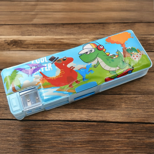 Front view of a vibrant plastic kids pencil case with cartoon print and two compartments.