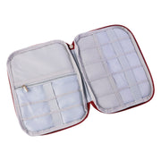 Open view of zip pouch showing multiple storage sections