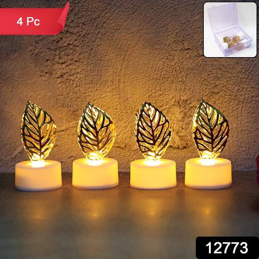 Set of four golden leaf LED candles with flickering light, arranged for festive decor.