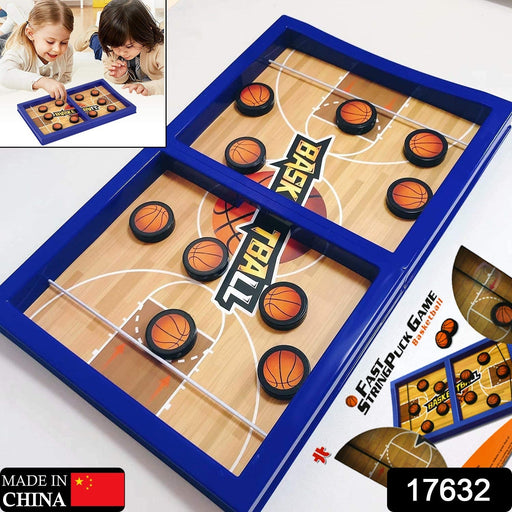 Two players engaged in a fun sling puck battle across the mini basketball court.