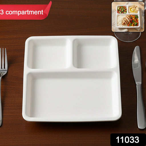 White plastic compartment dinner plate with three sections