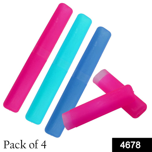 Four colorful portable toothbrush cases arranged neatly.