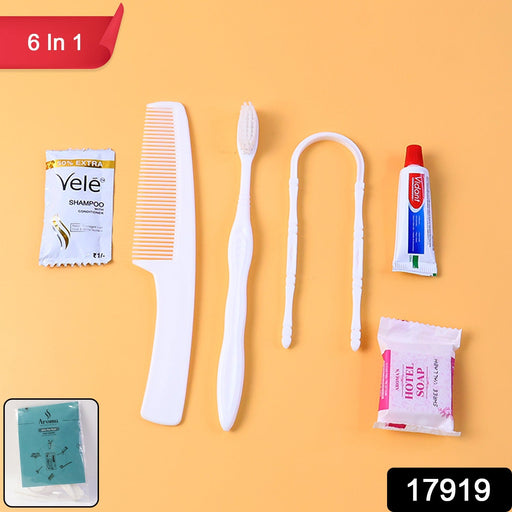 Contents of the 6-in-1 hotel guest toiletry kit laid out