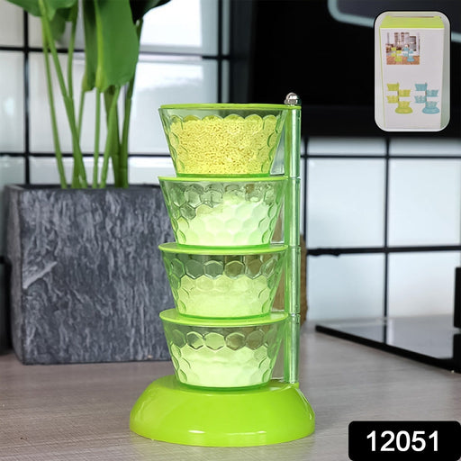 Space-saving rotating pickle tower showcasing its 360-degree swivel mechanism.