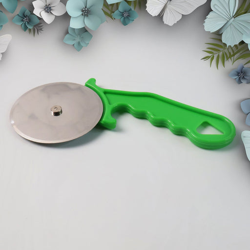 Quickslice stainless steel pizza cutter smoothly slicing a hot, cheesy pizza.