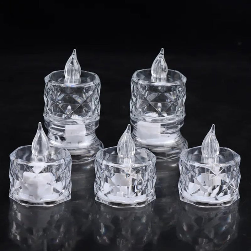 Transparent LED tea lights casting a soft, safe light for any occasion.