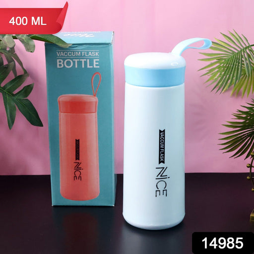 Plastic water bottle showing blue and white thermal style design