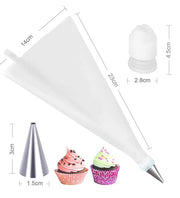 Hands demonstrating how to use a piping bag with a stainless steel nozzle to decorate a cupcake.