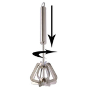 A manual hand blender featuring a sturdy stainless steel body.